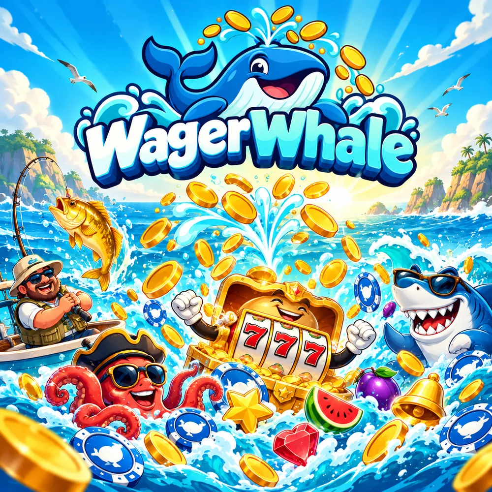 WagerWhale key art — whale logo, sea mascots and a treasure chest of gold coins